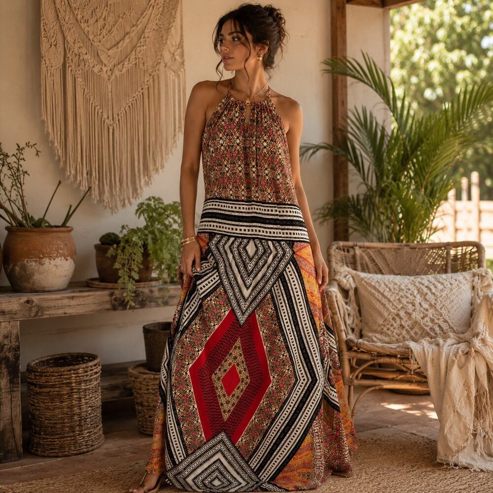 London Style Boho Patchwork Maxi Dress Sz 12 Festival Resort Halter Geometric